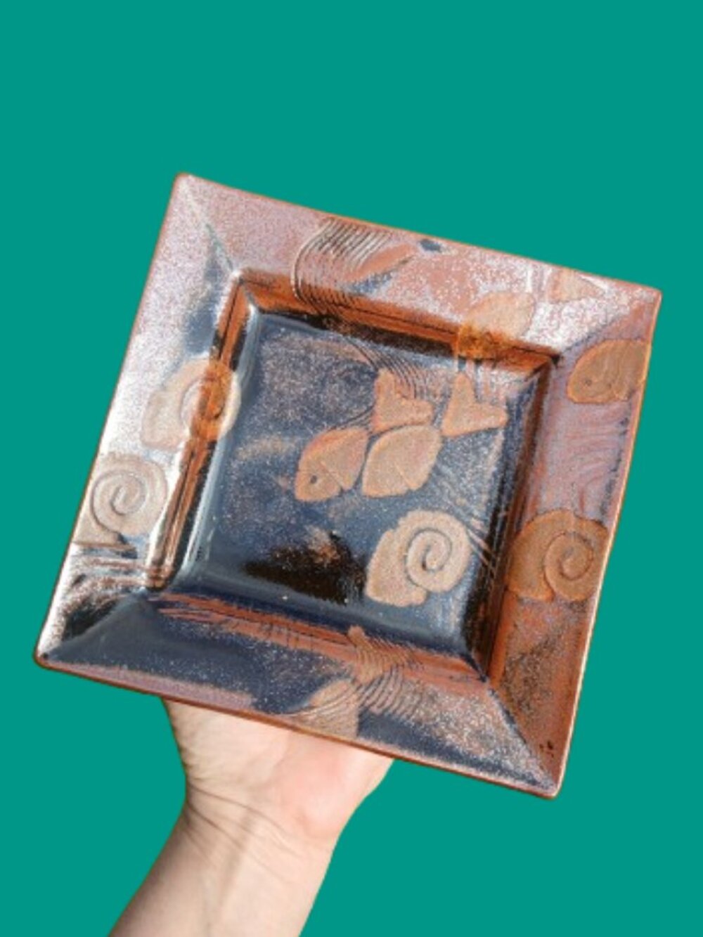 Studio Pottery signed Iris Minc square dish featuring fish primitive folk modern